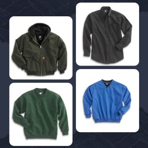 Custom workwear including jackets, sweatshirts, and button-down shirts for business uniforms in Minnesota